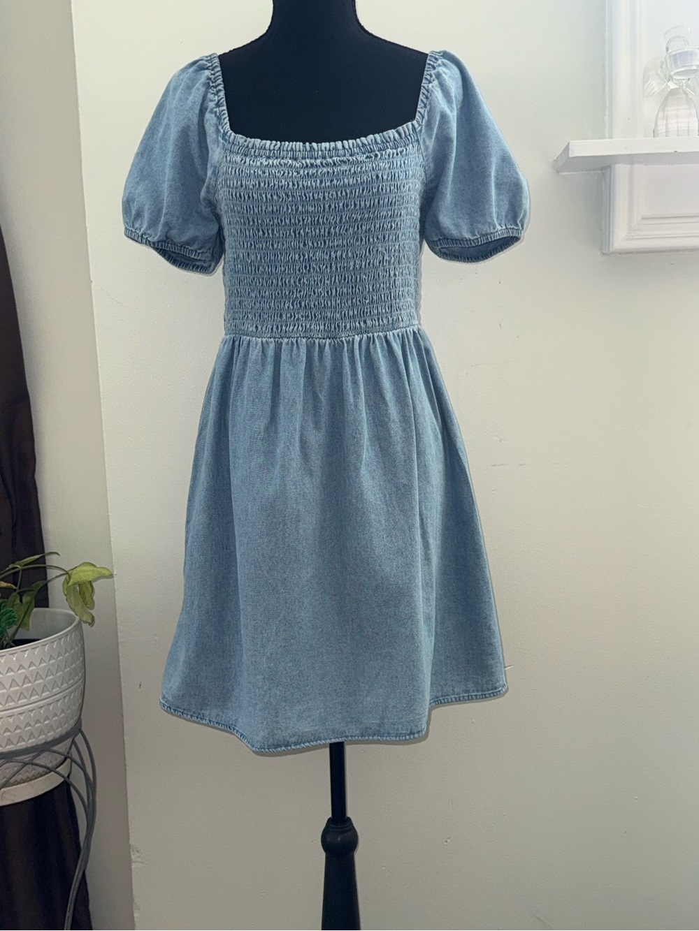 American Eagle Outfitters Light Denim Smocked Puff Sleeve Mini Dress